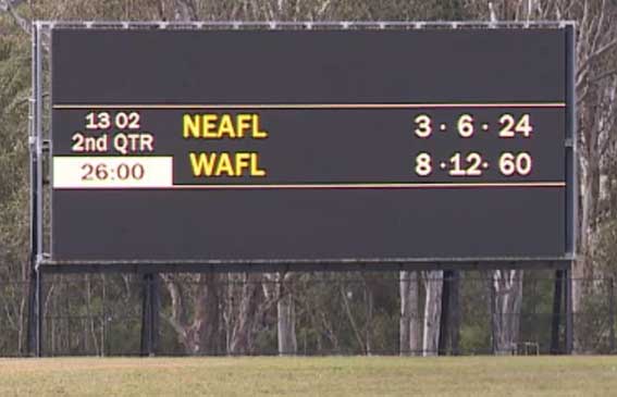 The half time scorebaord at Blacktown Oval. Taken from the NEAFL website live stream. 