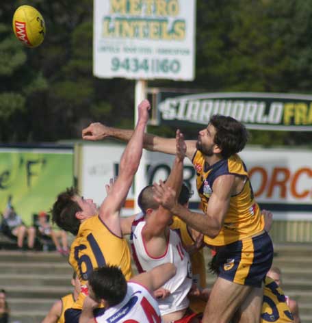 Claremont defenders Jordan McAllister and Brandon Franz put an end to this South Fremantle attack. Photo by Les Everett