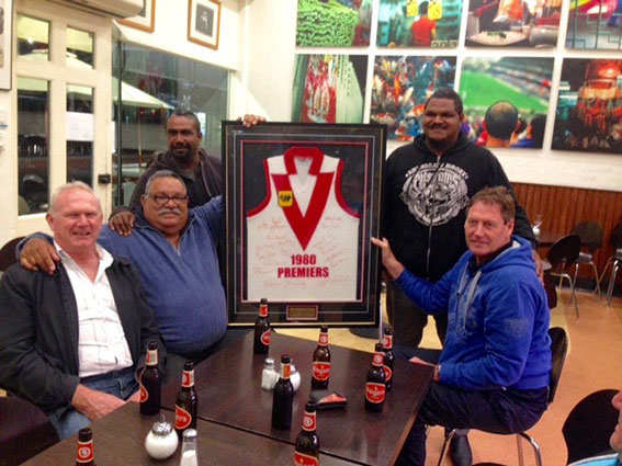 Seated in this photo are (l-r) South Fremantle 1980 premiership players Wayne Delmenico, Basil Campbell and Derek Shaw.