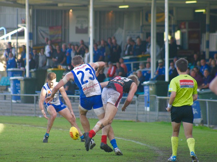East Fremantle's Rob Young provides a bit of space for team mate Ryan Lester-Smith. Photo by Les Everett