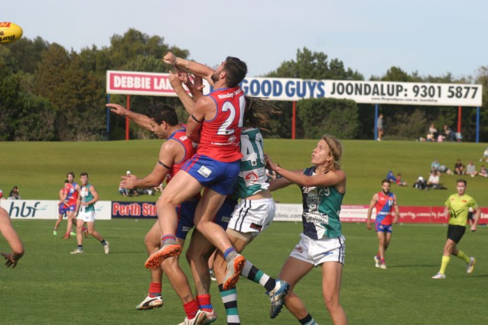 Spoiler: West Perth's Marcus Adams puts an end to a marking contest at Arena Joondalup. Photo by Les Everett